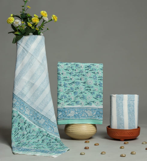 Elegant Hand Block Print Cotton Suit Set with Mulmul Dupatta (PRMUL108)